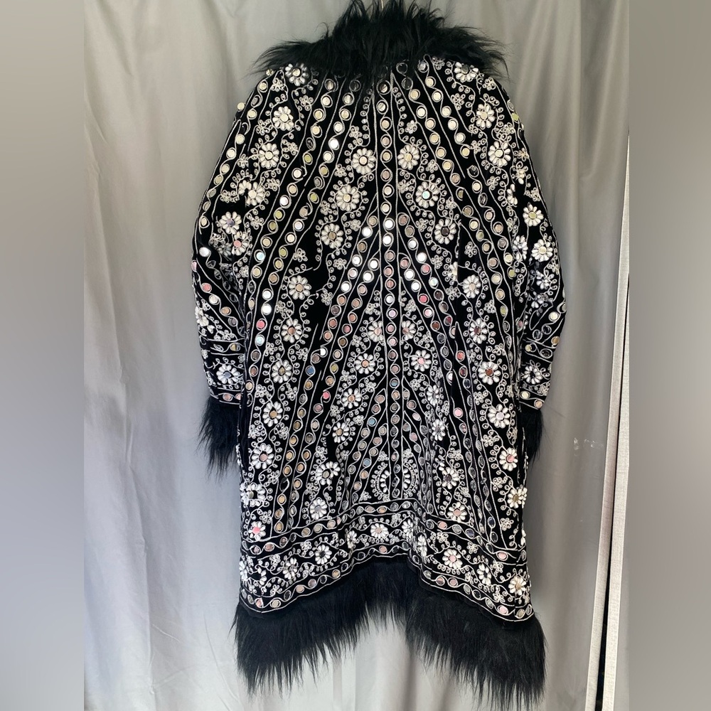Talisman Embellished Coachella Boho Coat w/ Faux Fur Trim, Size Extra Large - Picture 7 of 10